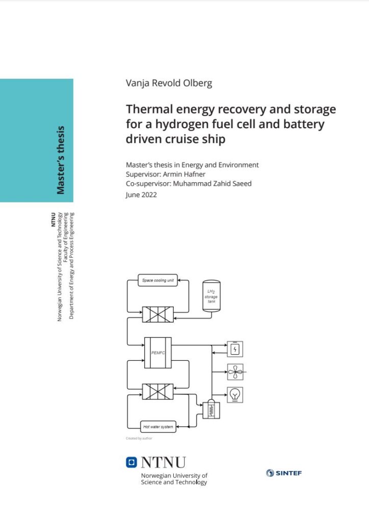 Thermal energy recovery and storage for a hydrogen fuel cell and battery driven cruise ship