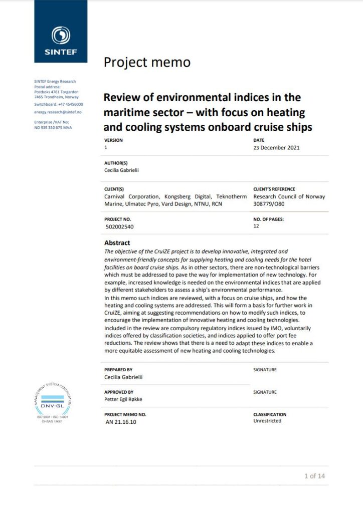 Review of environmental indices in the maritime sector – with focus on heating and cooling systems onboard cruise ships